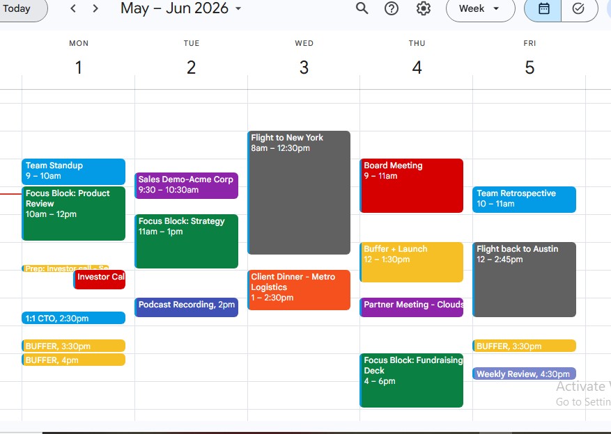 Color-coded founder calendar with focus blocks, investor calls, travel and buffer windows