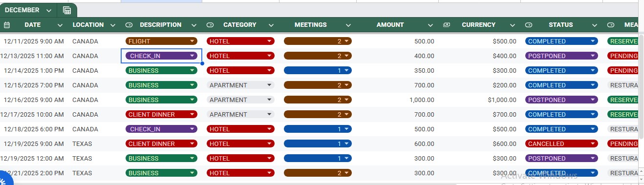 CEO travel expense tracker — December log with colour-coded categories, status and currency